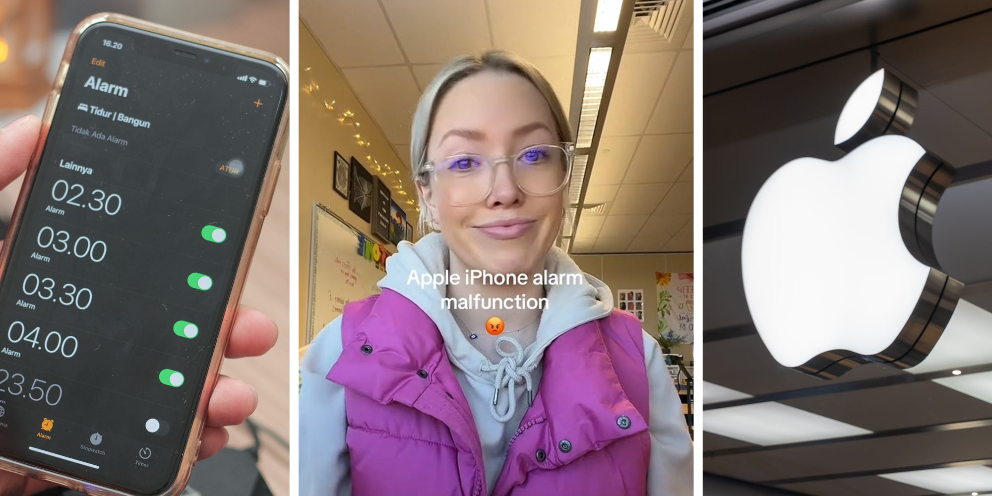 iPhone Alarm App(l) woman shares her iphone malfunction(c) Apple Store logo(r)