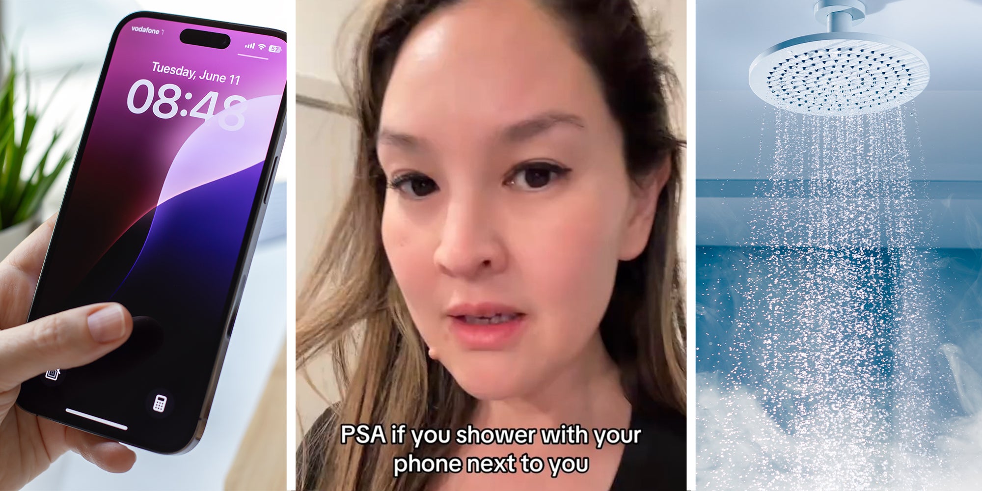 Holding iphone(l) Woman share PSA(c) Shower with steamy water flowing(r)