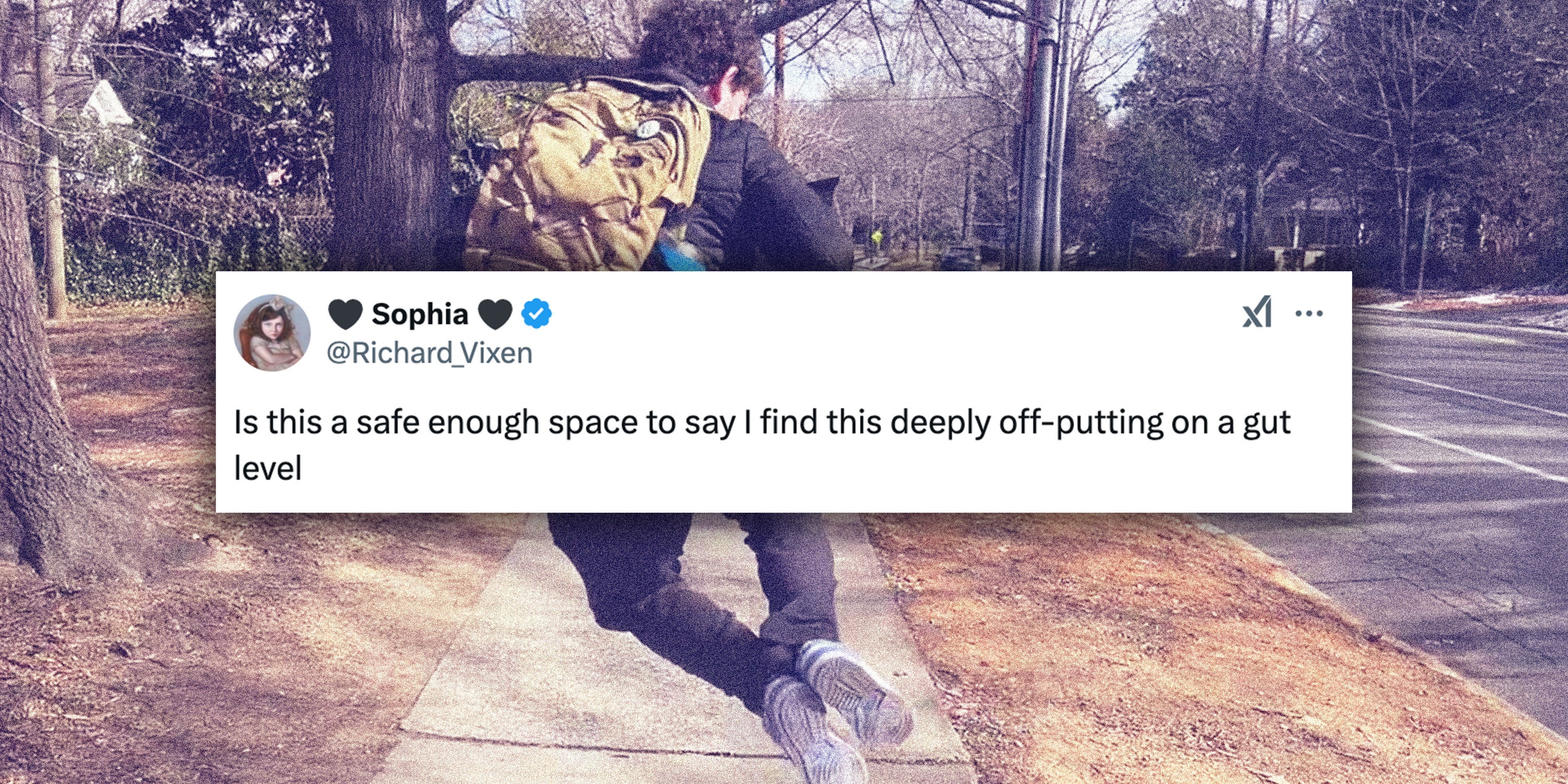 Screenshot of a tweet from user @Richard_Vixen that reads 'Is this a safe enough space to say I find this deeply off-putting on a gut level' over a photo of a man jumping and clicking his heels.