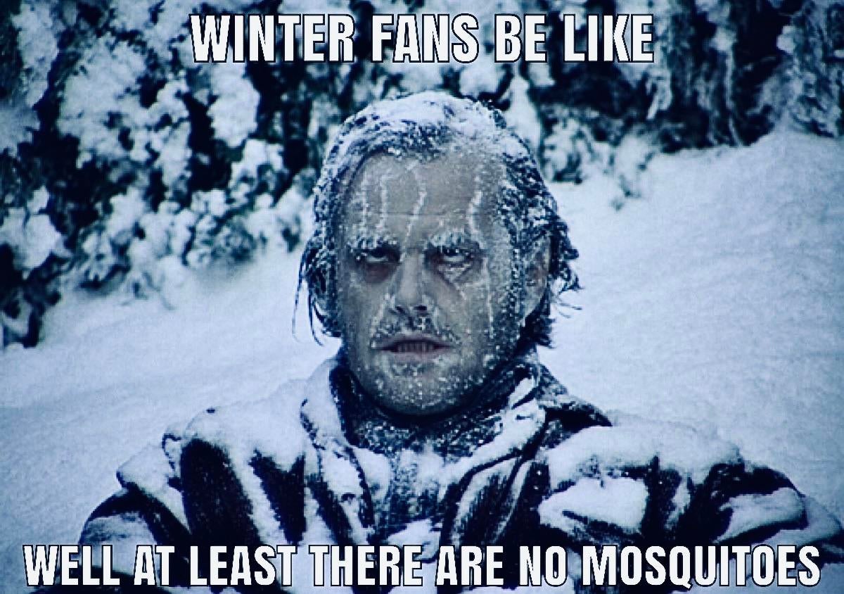 January meme, text reads, 'Winter fans be like, well at least there are no mosquitoes.' with a photo of a frozen man.