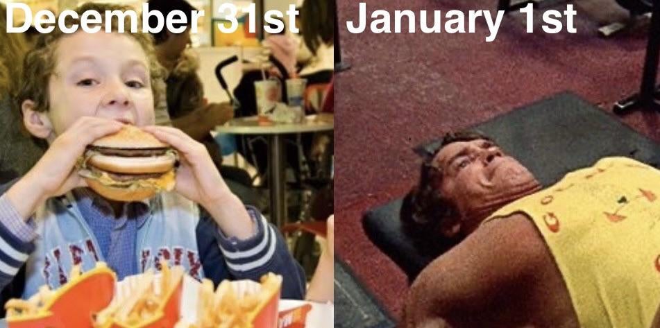 January meme, text reads, 'December 31st/January 1st' with a kid eating a giant burger and a man lifting weights at the gym.