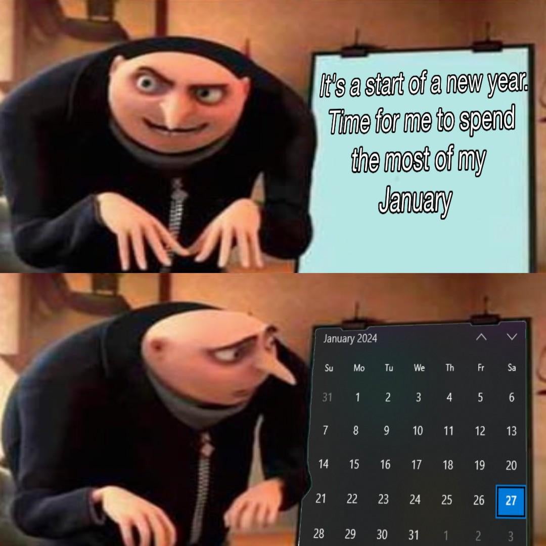 January meme of Gru plotting, text reads, 'It's a start of a new year. Time for me to spend the most of my January.' When he looks, it's near the end of the month.