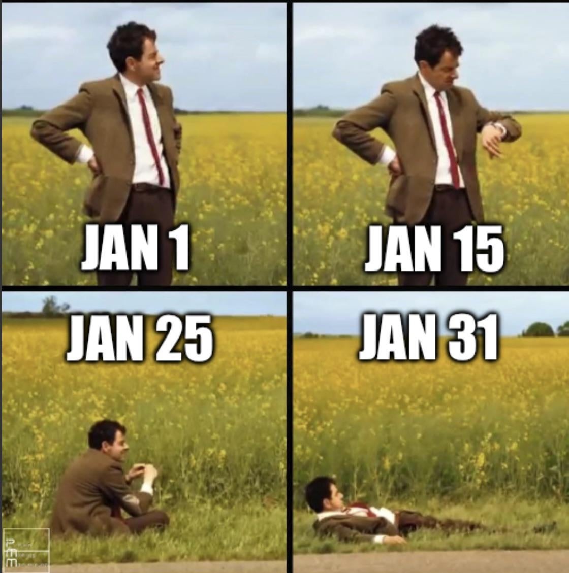 January meme of Mr. Bean waiting impatiently, text reads, 'Jan 1, Jan 15, Jan 25, Jan 31'