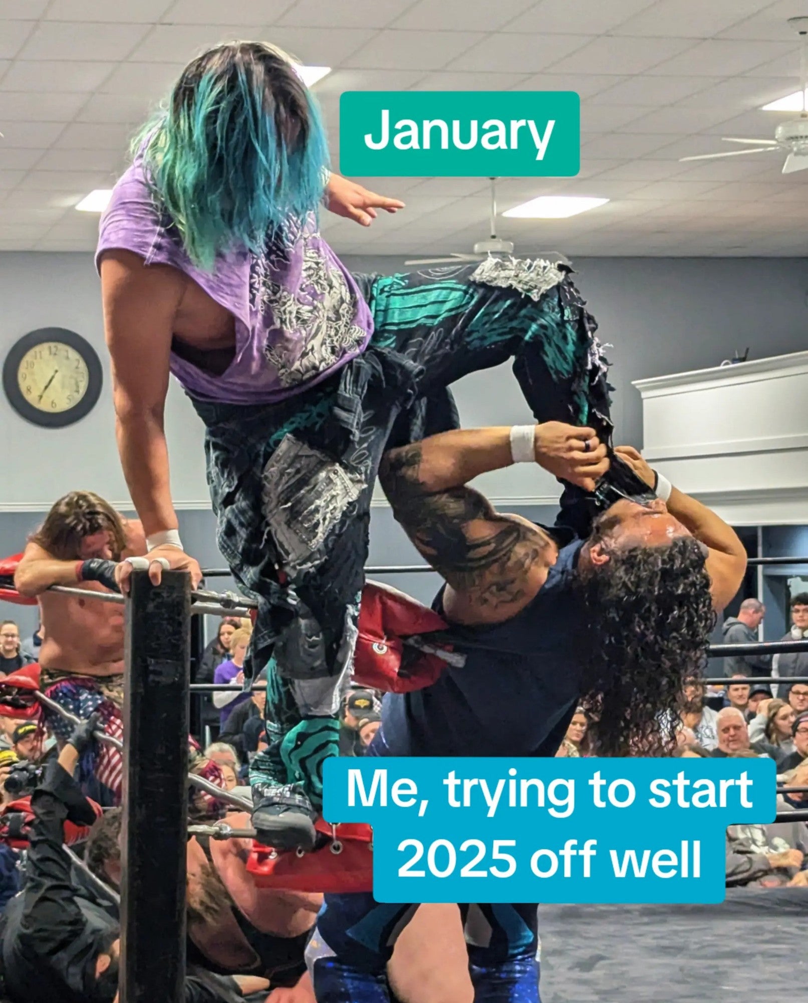 January meme, text reads, 'January / me, trying to start 2025 off well.' with a photo of two people in a fighting ring.