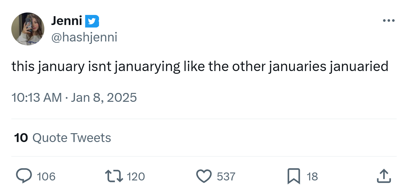 January meme, text reads, 'this january isnt januarying like the other januaries januaried'