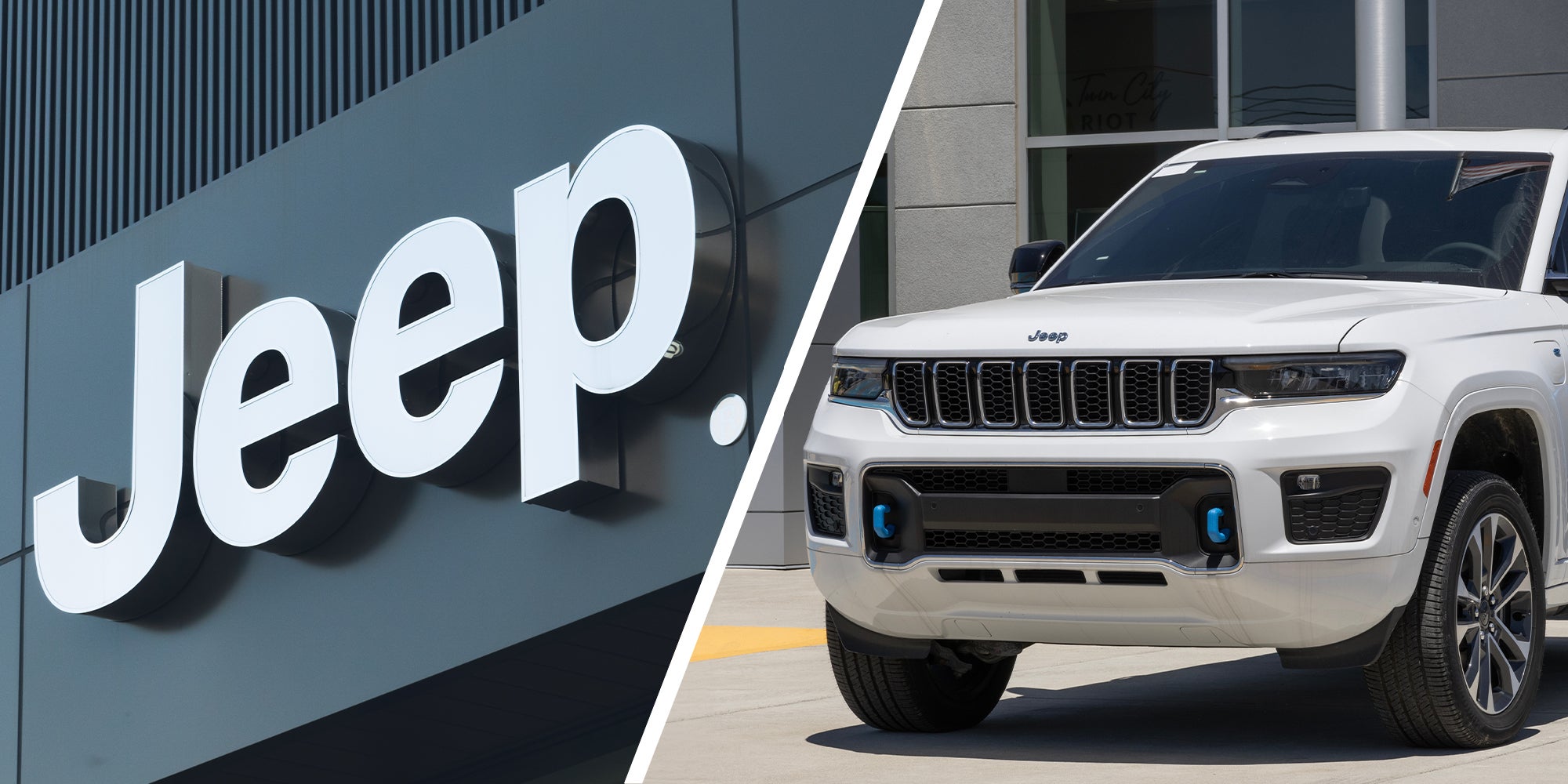 Jeep Dealer Logo(l) White Grand Jeep Cherokee(r)
