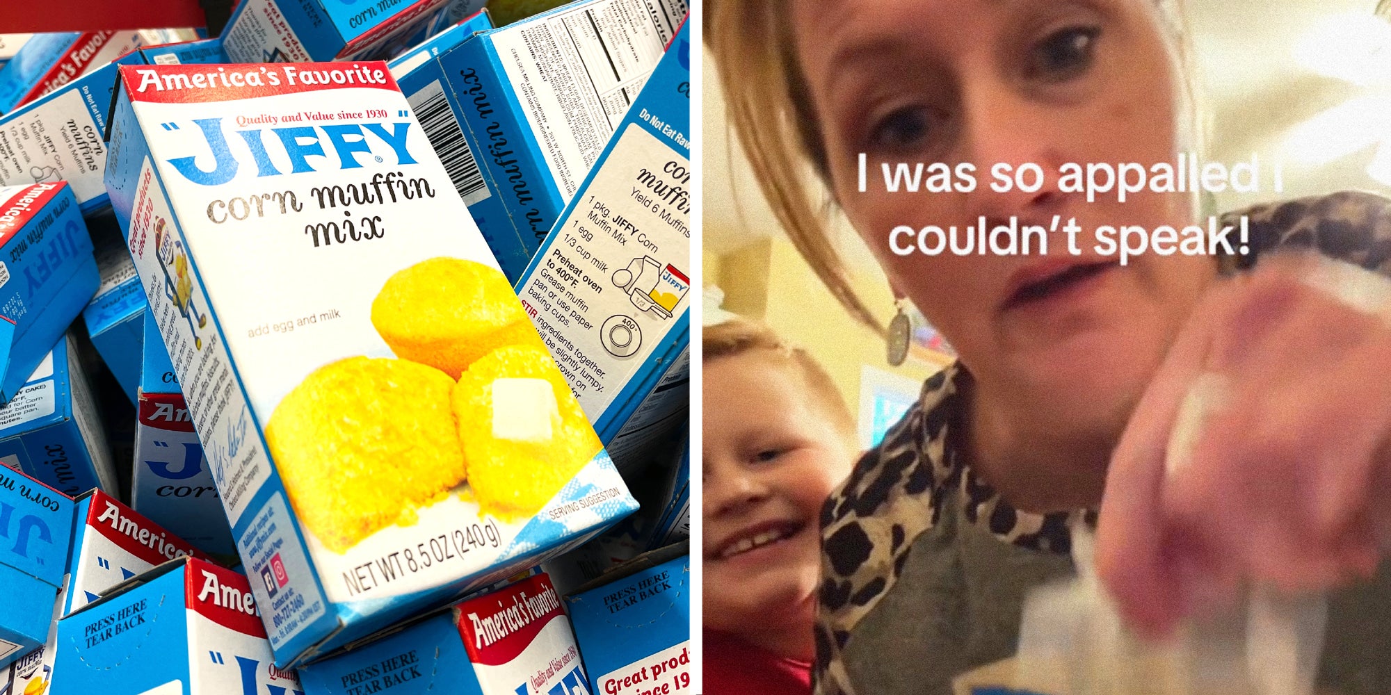 2 panel image: on the left are boxes of Jiffy Corn Muffin Mix, on the right a person explains. Text over says: I was so appalled I couldn't speak.