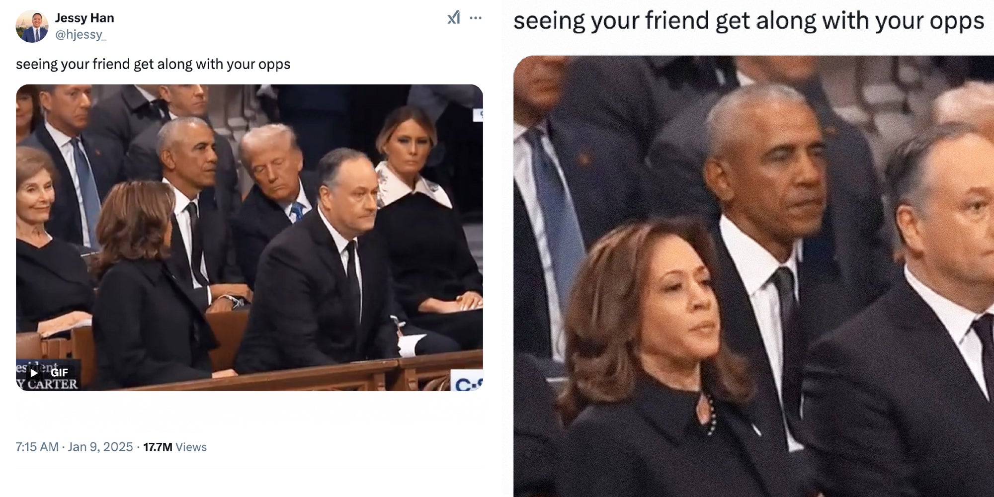 2 panel image of a tweet containing an animated gif that shows Kamala Harris, Barack Obama, and Donald Trump together. Text over: seeing your friend get along with your opps