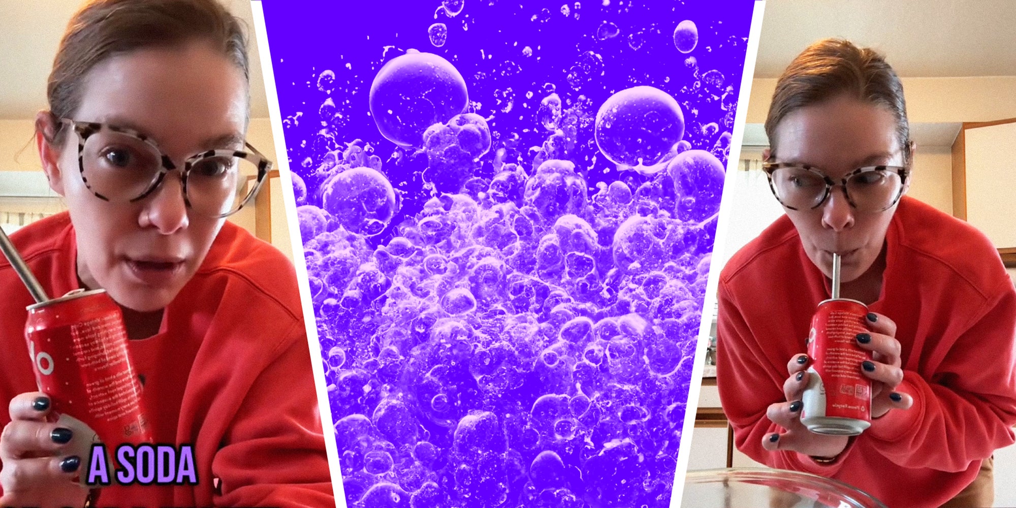 3 panel image: in the middle is a bubbly, fizzy soda, and on the sides a person explains.