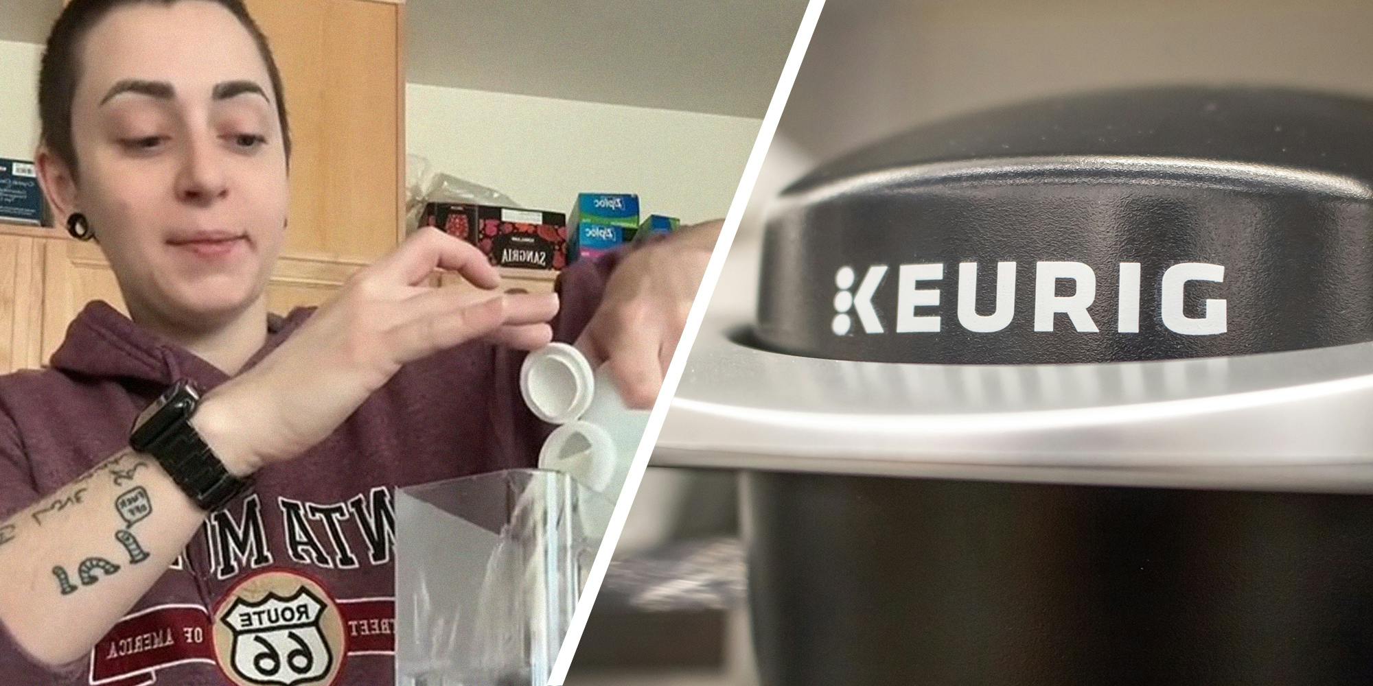 woman pouring water on container(l) Keurig brand on product(r)