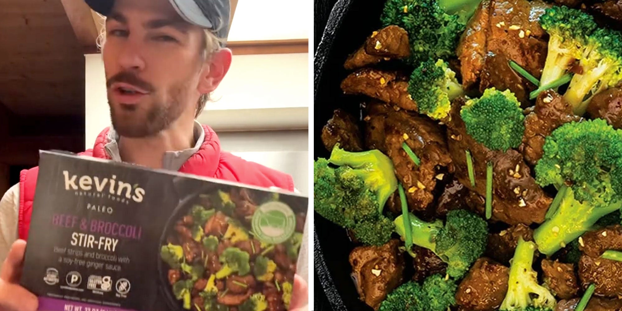 A man holds a box of Kevin's Natural Foods Paleo Beef & Broccoli Stir-Fry next to an image of a beef and broccoli stir-fry.