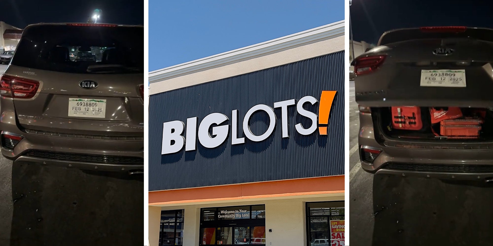 Kia Sorento(l) Big lots! Store Front(c) Closing Kia Hatch(r)