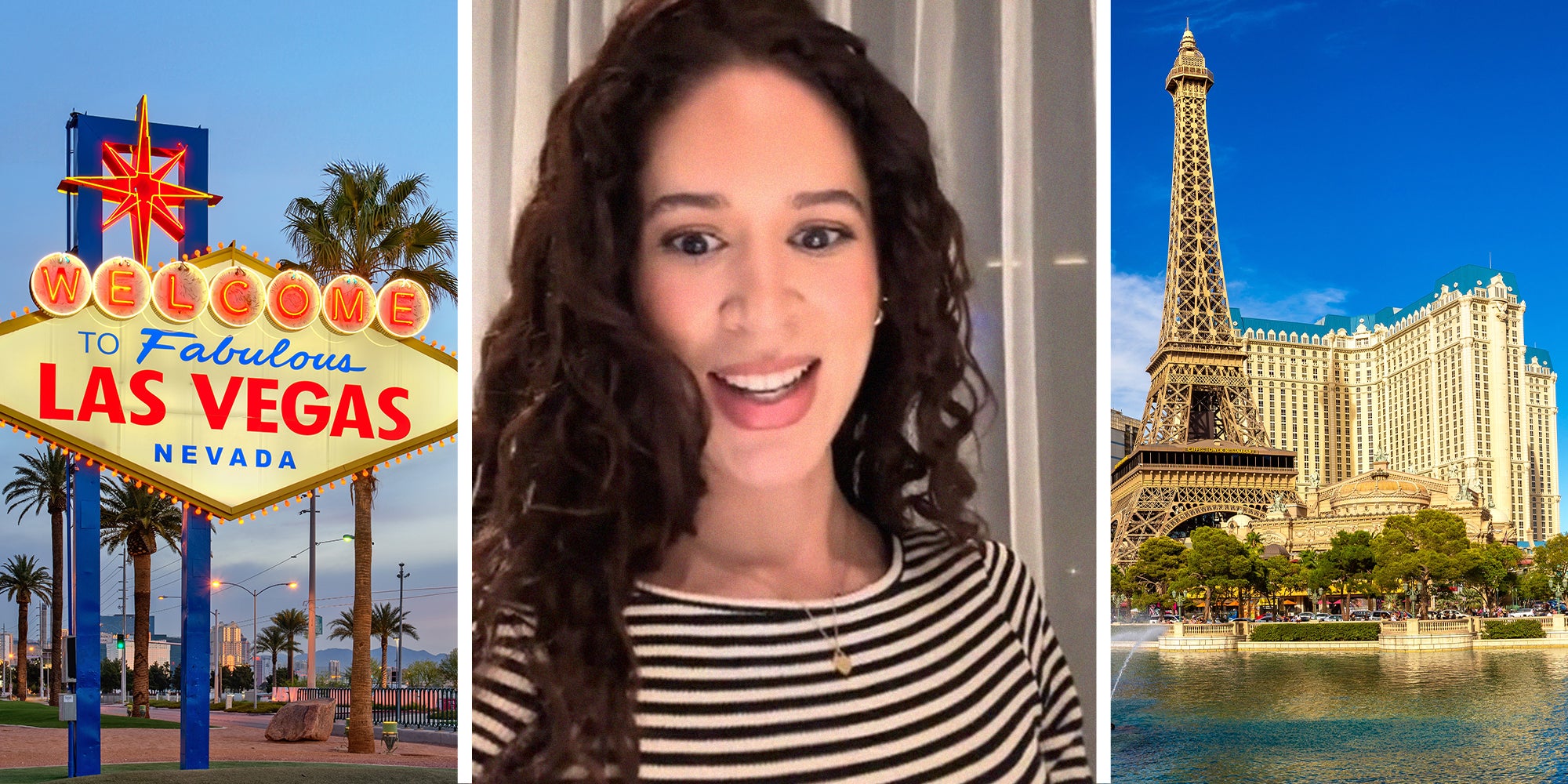 Las Vegas Sign(l) Woman shares her experience at the Bellagio(c) Daylight view of the Bellagio and Eiffel Tower(r)