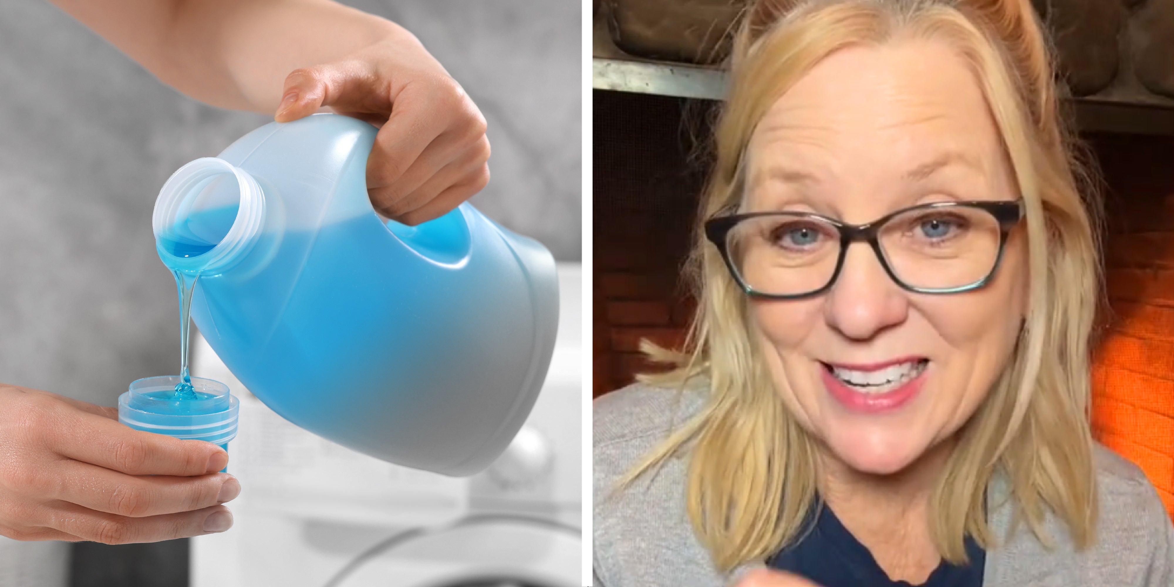 2 panel image: on the left a person pours detergent that is fading in color, and on the right a person explains.