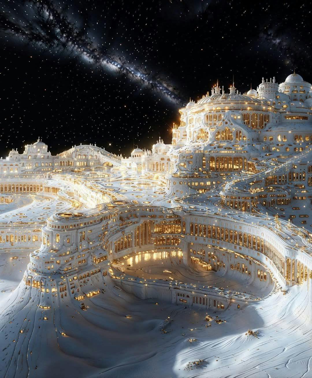 AI-generated image of a palatial structure wind-carved into white stone. All lights are golden inside. The 'Milky Way' is visible in the starry sky.