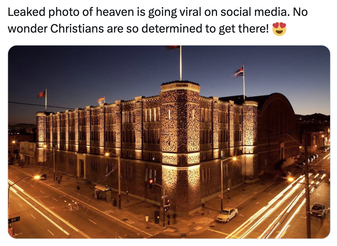 Leaked photo of heaven meme with a photo of the San Francisco Armory at night.