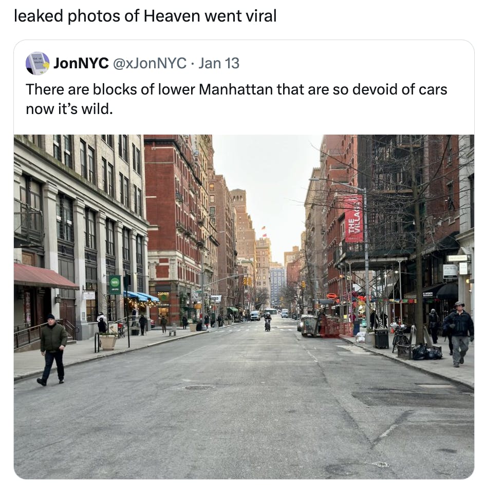 Leaked photo of heaven meme with a photo of the streets of lower Manhattan devoid of cars.