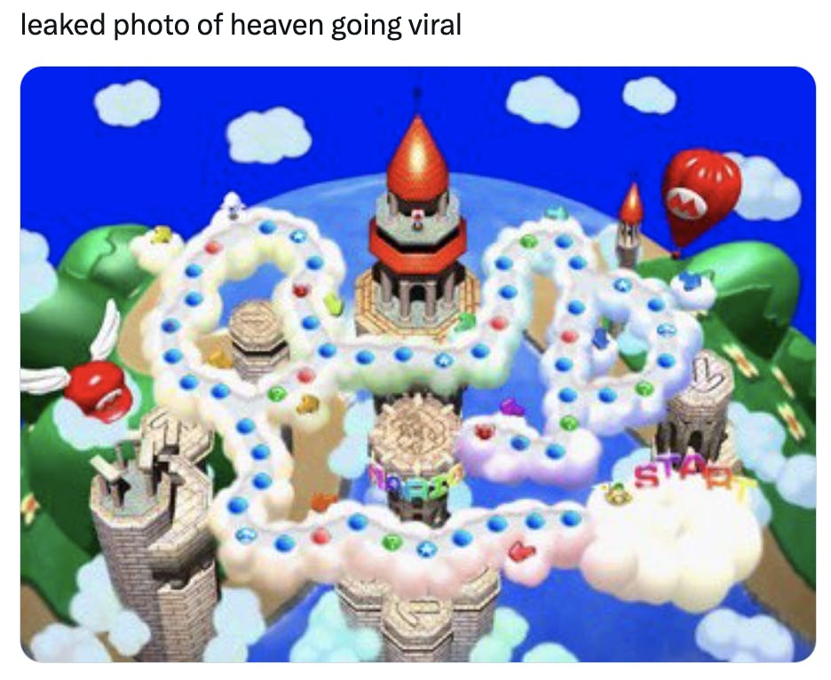 Leaked photo of heaven meme with a photo of the Super Mario Party Jamboree map.