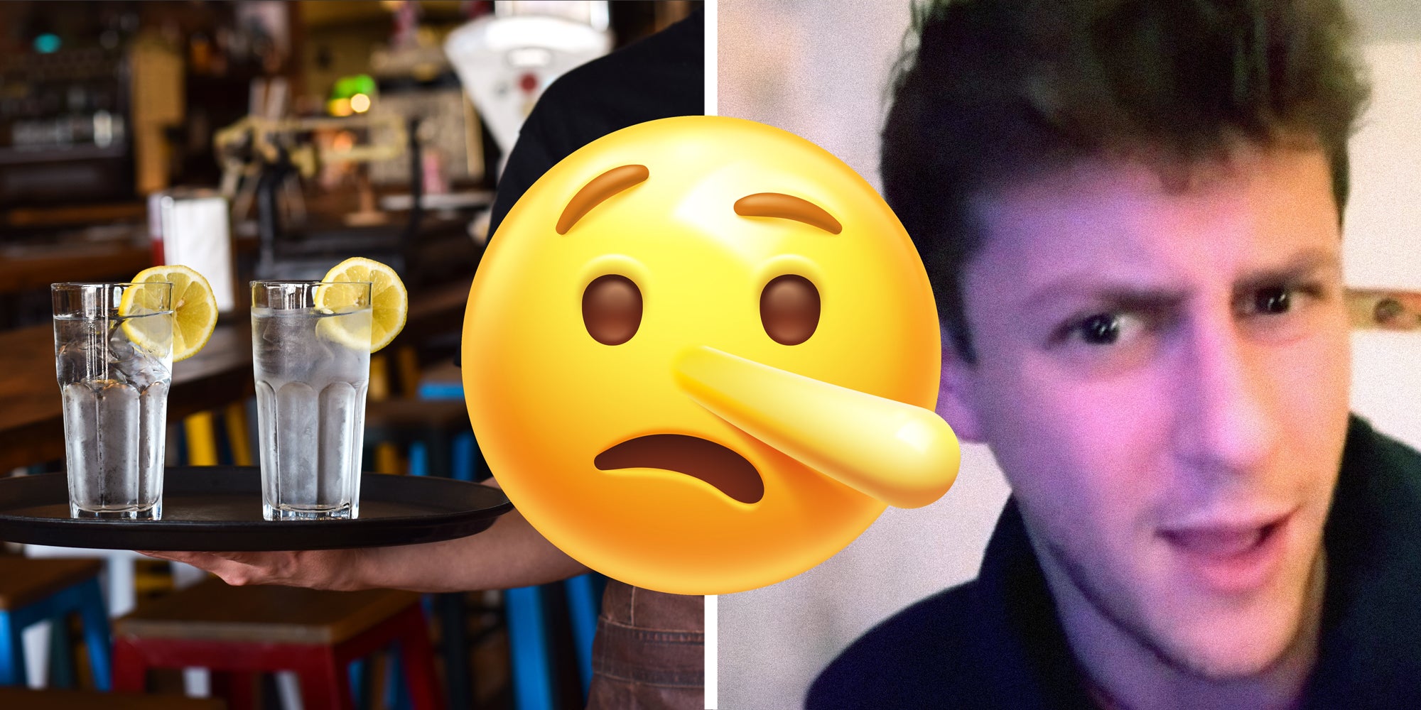 2 panel image. On the left a server is holding a tray, on the right a person explains. In front of both there is a lying emoji.