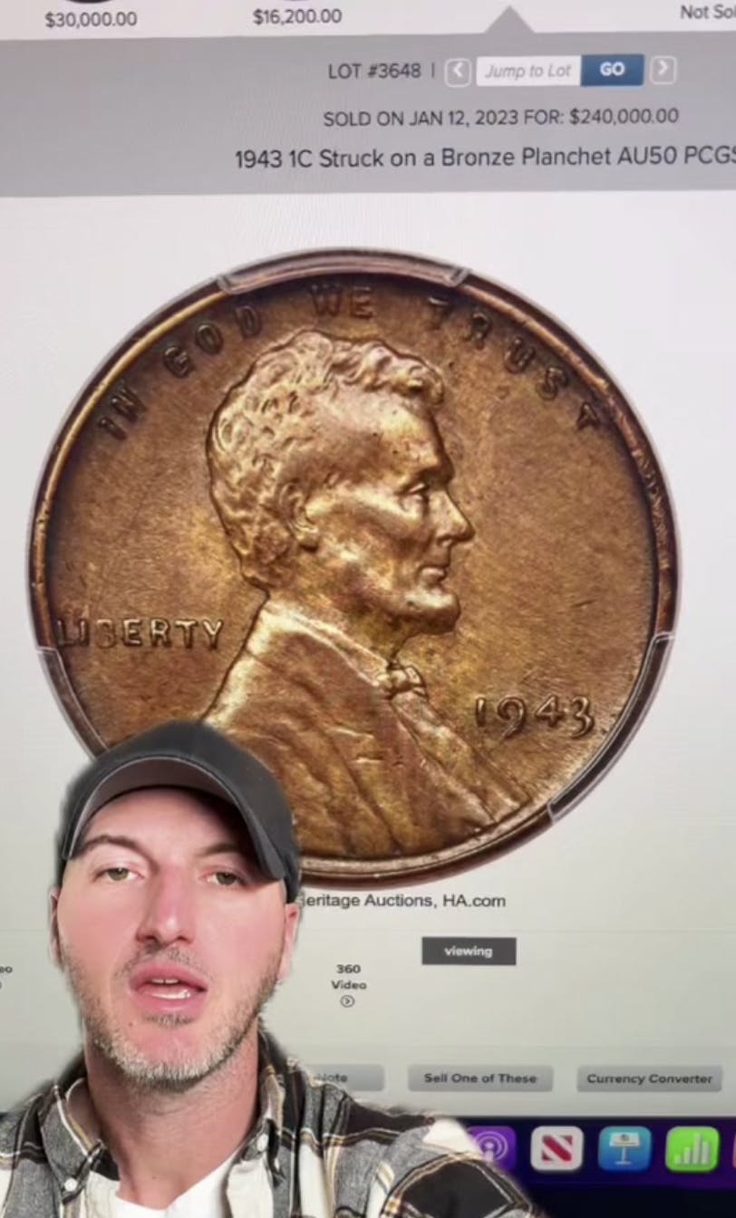 Man greenscreened over a rare Lincoln wheat penny.