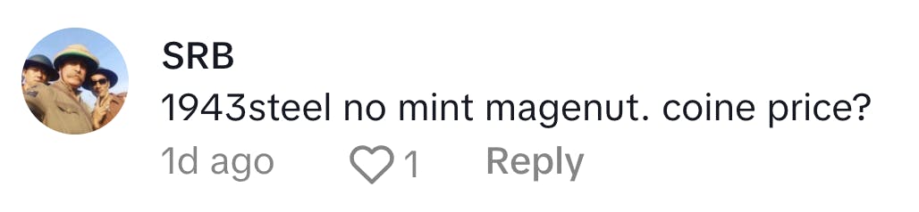 Copper Lincoln wheat penny TikTok comment.