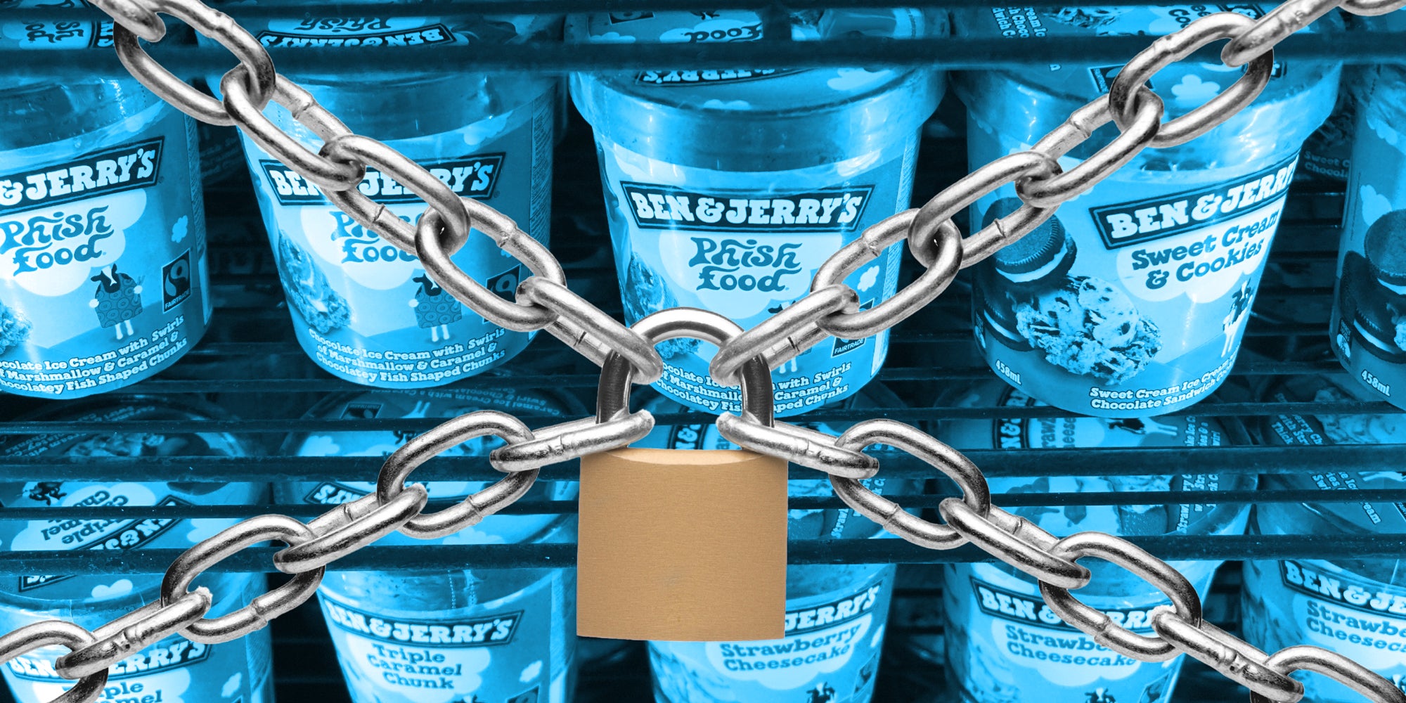 Photo collage showing a chain and lock over a freezer shelf of Ben & Jerry's ice cream containers.