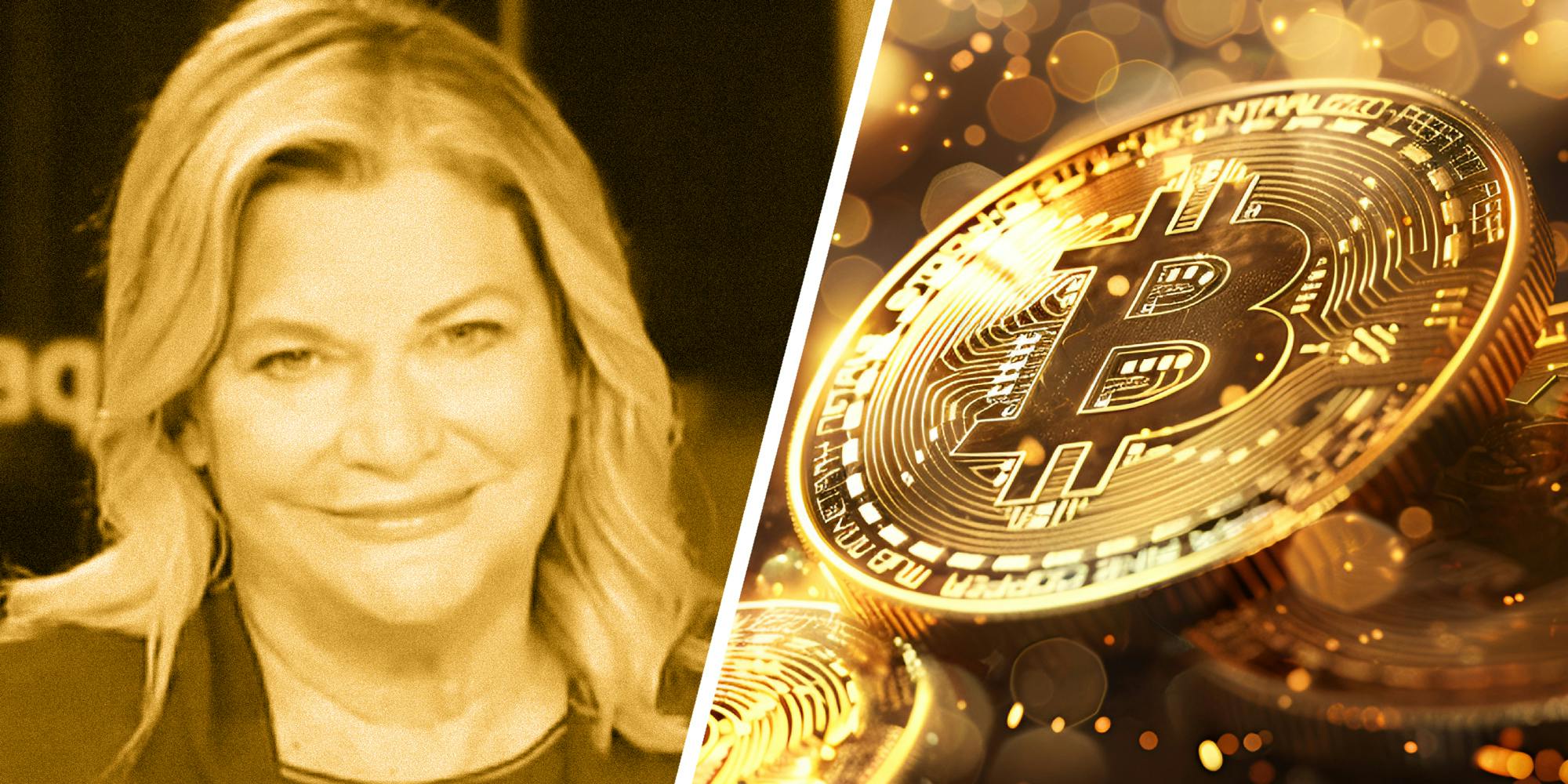 2 panel image of Senator Cynthia Lummis on the left and a field of Bitcoins on the right.