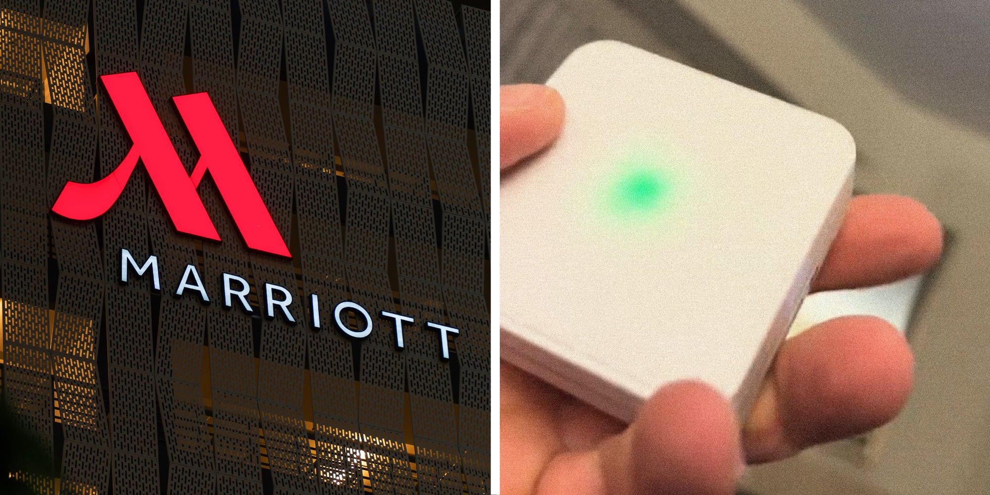 2 panel image: on the left we see the Marriott Hotel logo on the exterior of a building, and on the right we see a rectangular device.