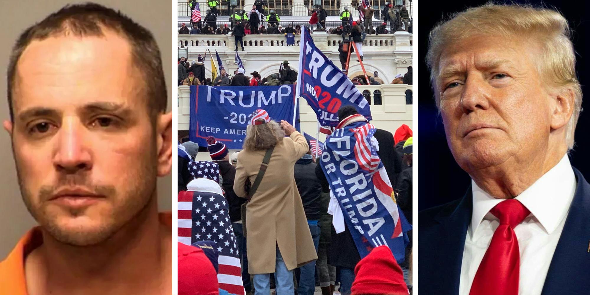 Matthew Huttle(l), January 6th rioters at the capitol(c), Donald Trump(r)