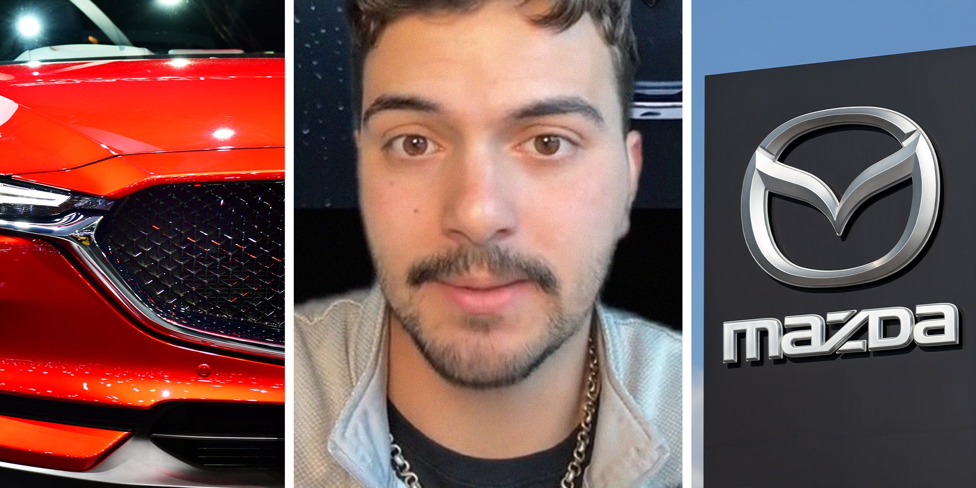 Red Mazda Vehicle (l) Man shares Mazda New Logo(c) Mazda Dealership sign(r)