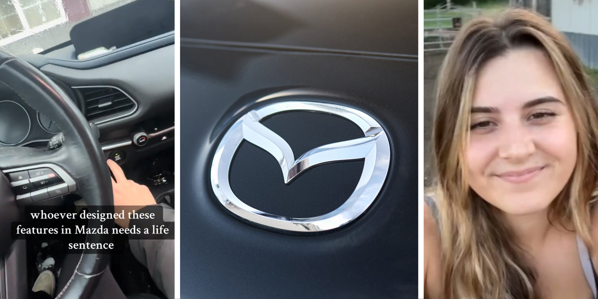 3 panel image of a person trying out features in their car, a Mazda logo in a car hood, and a person smiling.