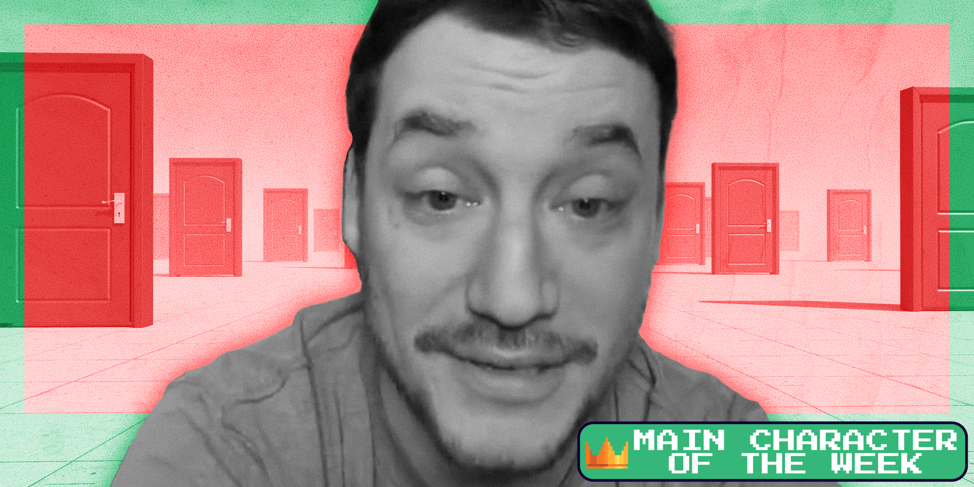 Man with background of red closed doors(l)