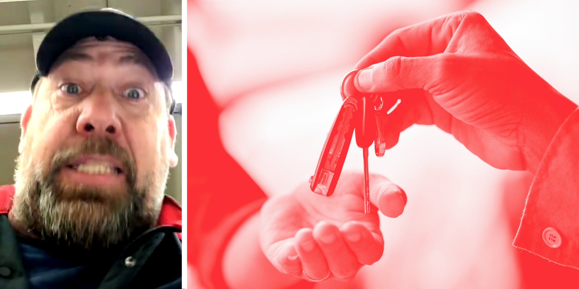 Two panel image: on the left a person explains, on the right a person gives car keys to another person.