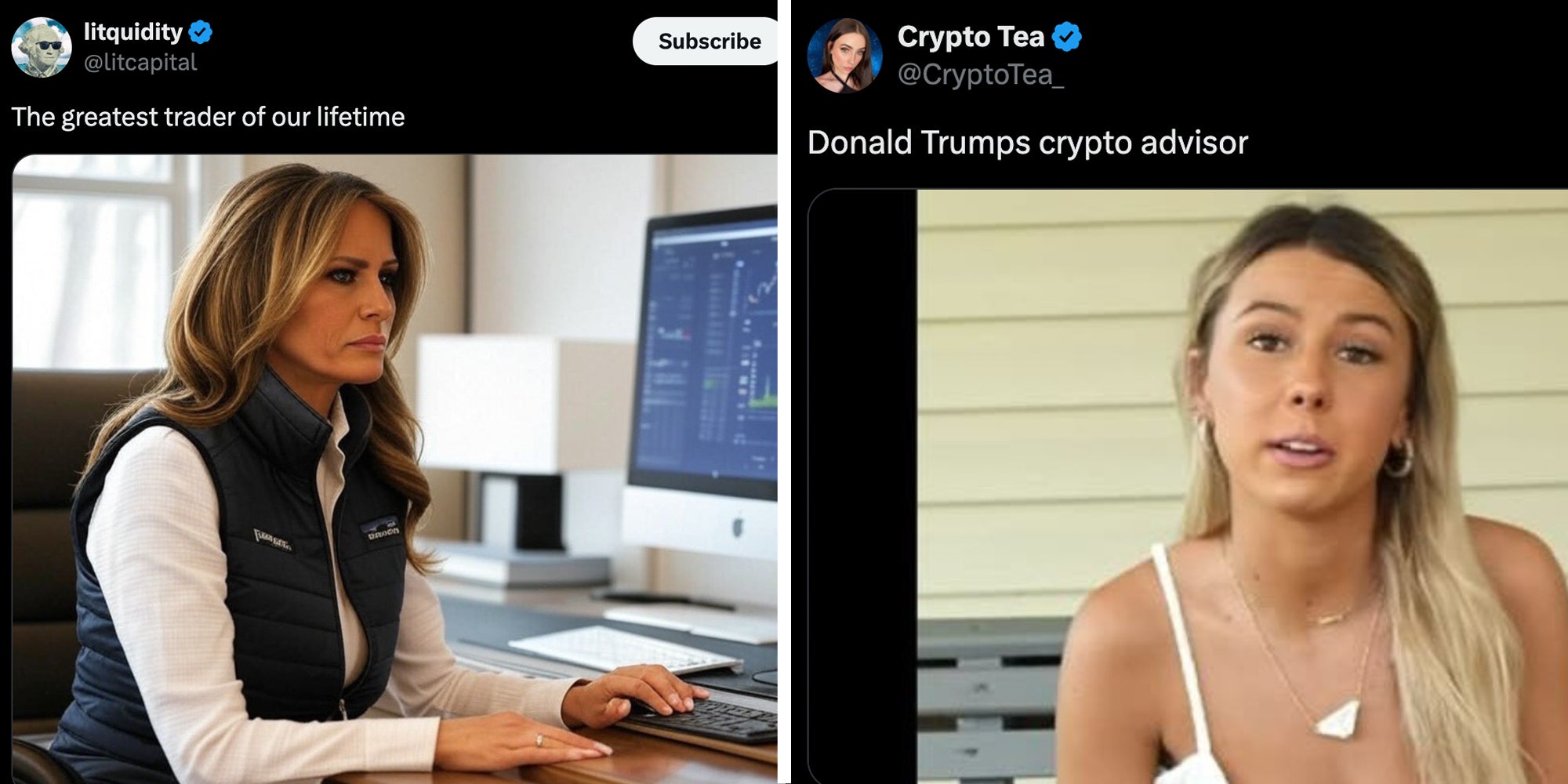 Ai image of Melania Trump at computer desk with text "The greatest trader of our lifetime"(l), Hawk Tuah girl with text "Donald Trumps crypto advisor"(r)
