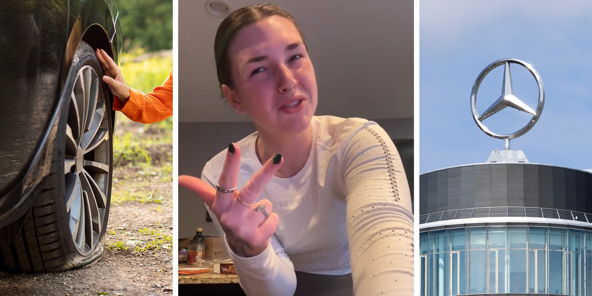 Flat Tire(l) Woman holding up hand gesture with 3 fingers(c) Mercedes Dealer Sign(r)