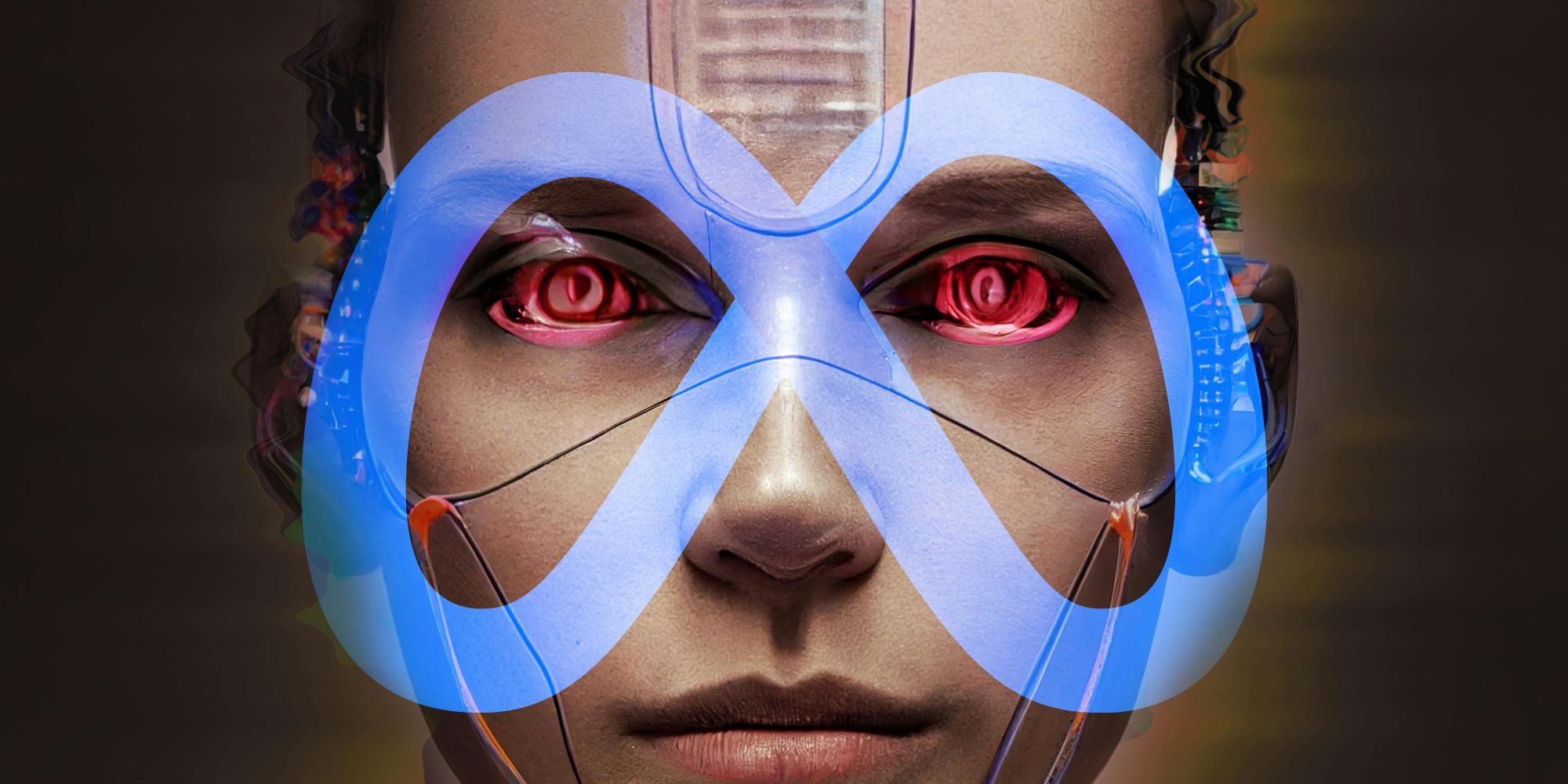 Close-up of a menacing humanoid robot, overlayed by the Meta ai instagram logo.