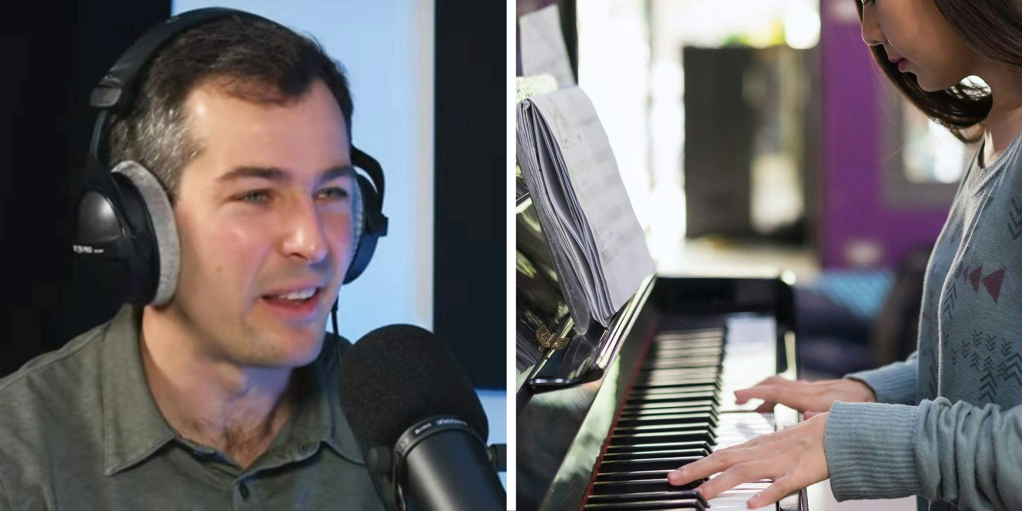 2 panel image: on the left Mikey Shulman responds in an interview. On the right a young person practices the piano.