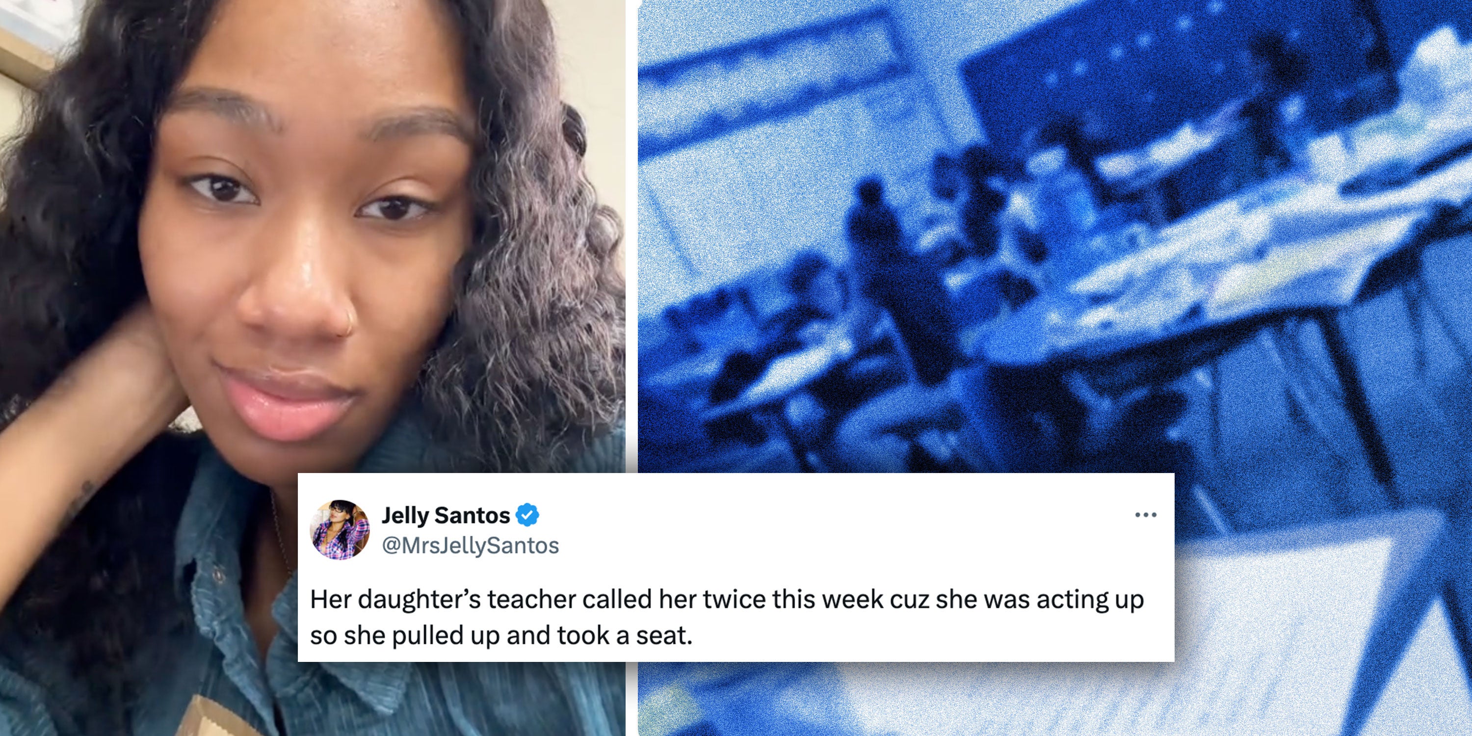 Screenshots from @iambrelle's Tiktok with a tweet from @MrsJellySantos that reads 'Her daughter’s teacher called her twice this week cuz she was acting up so she pulled up and took a seat.'