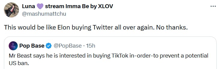 Tweet reading 'This would be like Elon buying Twitter all over again. No thanks.'