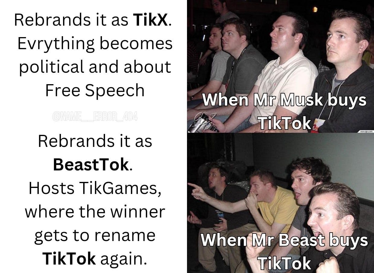 MrBeast buying TikTok meme comparing reactions to him doing it vs. Elon Musk.