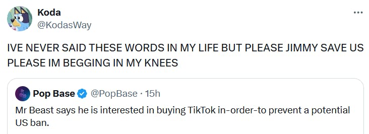 MrBeast buying TikTok tweet reading 'IVE NEVER SAID THESE WORDS IN MY LIFE BUT PLEASE JIMMY SAVE US PLEASE IM BEGGING IN MY KNEES.'