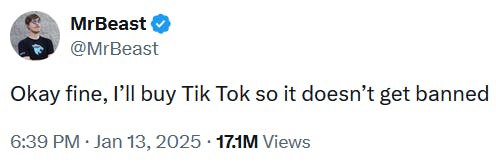 MrBeast tweet reading 'Okay fine, I’ll buy Tik Tok so it doesn’t get banned.'