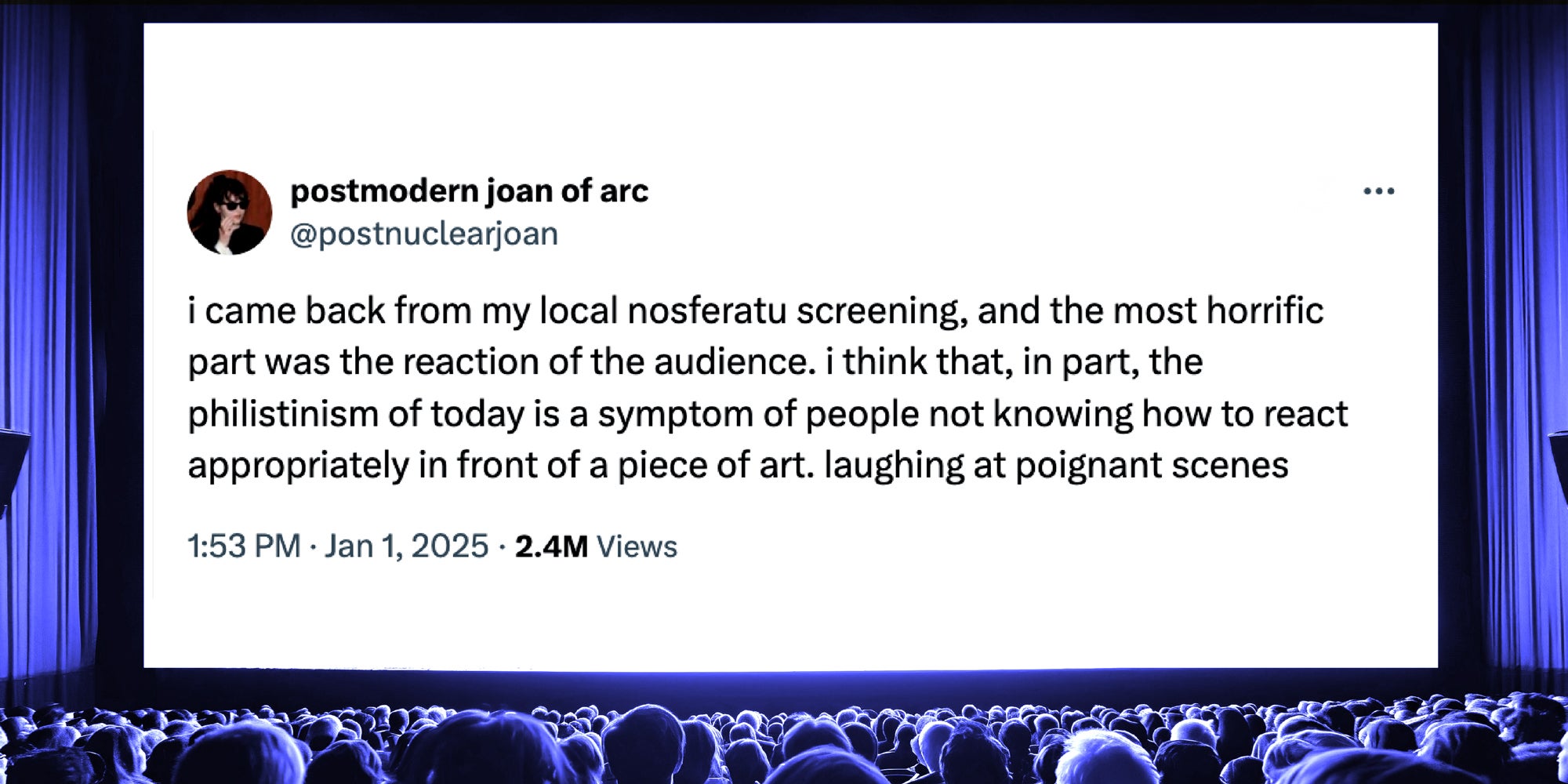 A screengrab of a tweet on a movie theater background.