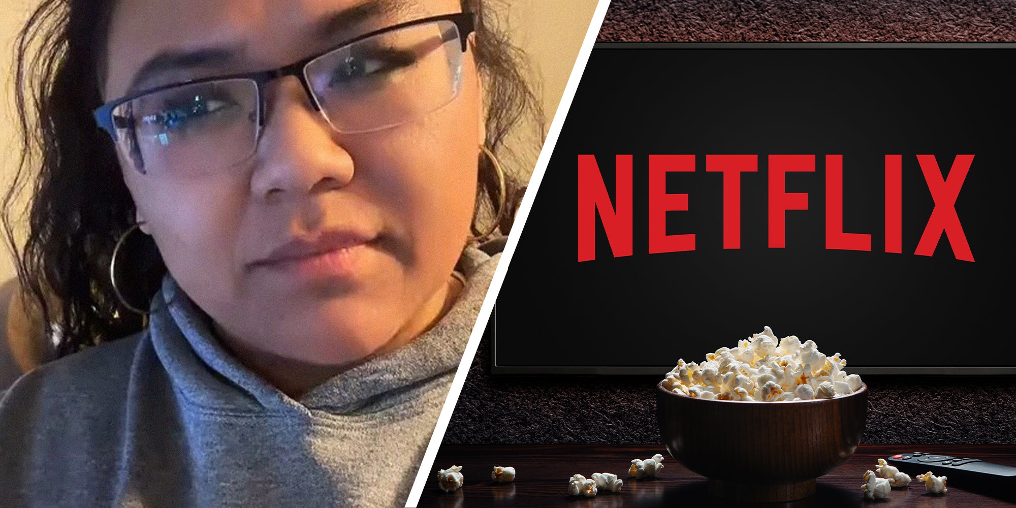 woman sharing her experience using netflix(l) Netflix logo on Tv with Bowl filled with popcorn(r)