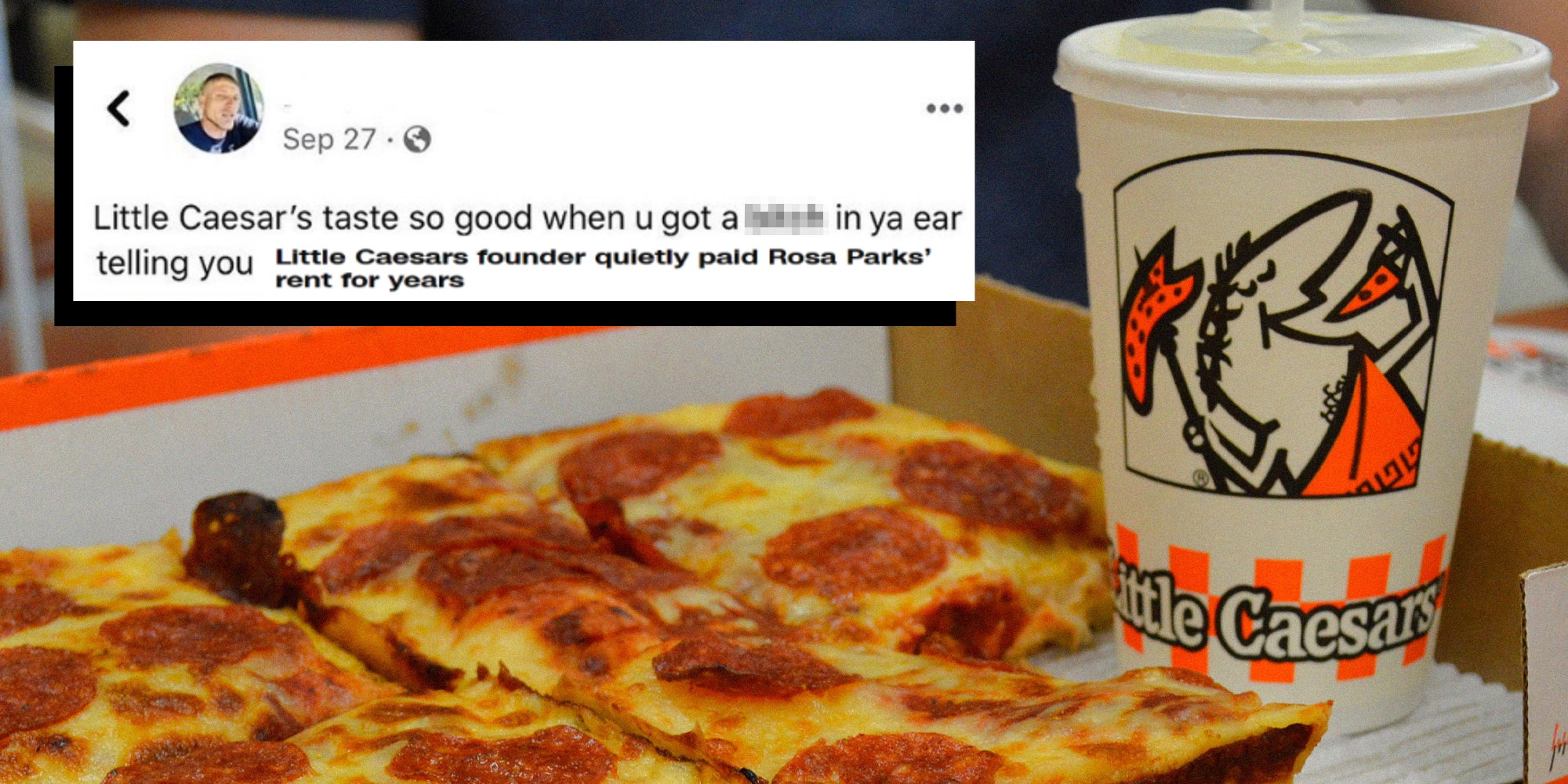 Eating Little Caesars Pepperoni Pizza and drink meal