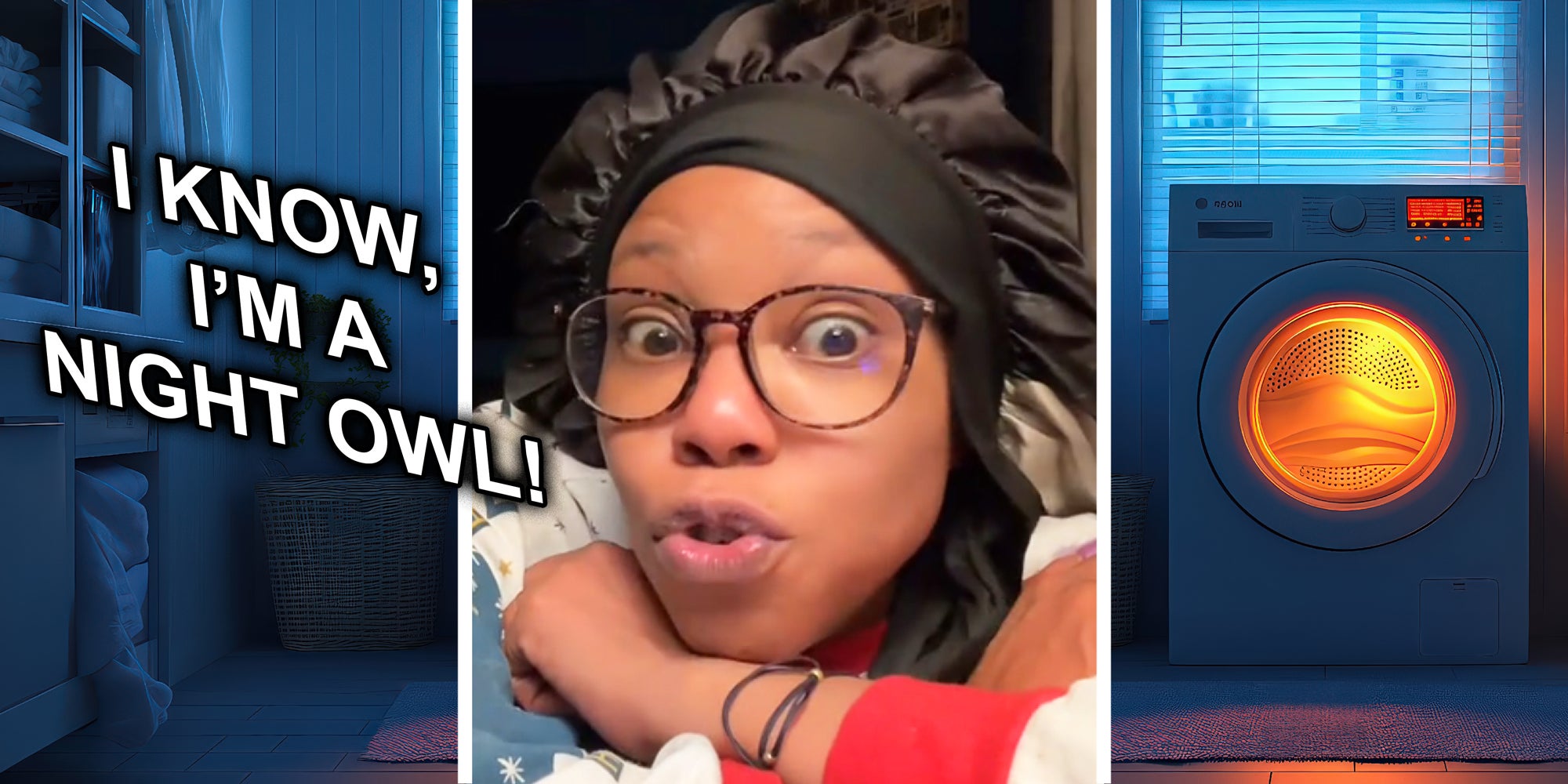 3 panel image: on the side is a laundry room at night with a washing machine lit up from the inside.