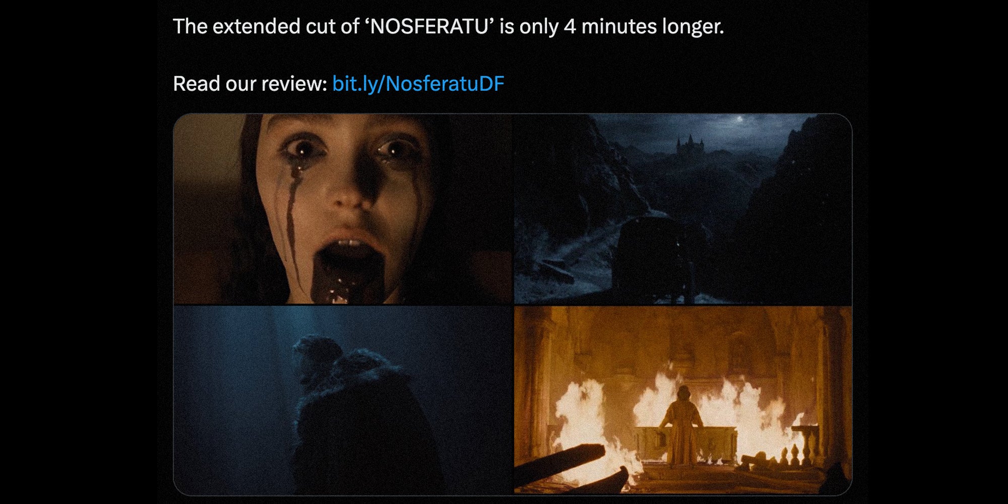 text 'the extended cut of 'nosferatu' is only 4 minutes longer. Read our review' and four screenshots from the movie