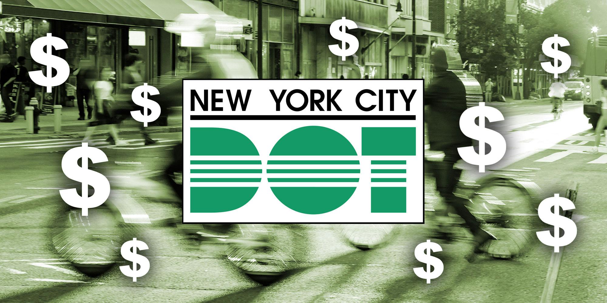 The NYC DOT logo over a photo of bike couriers and dollar signs.