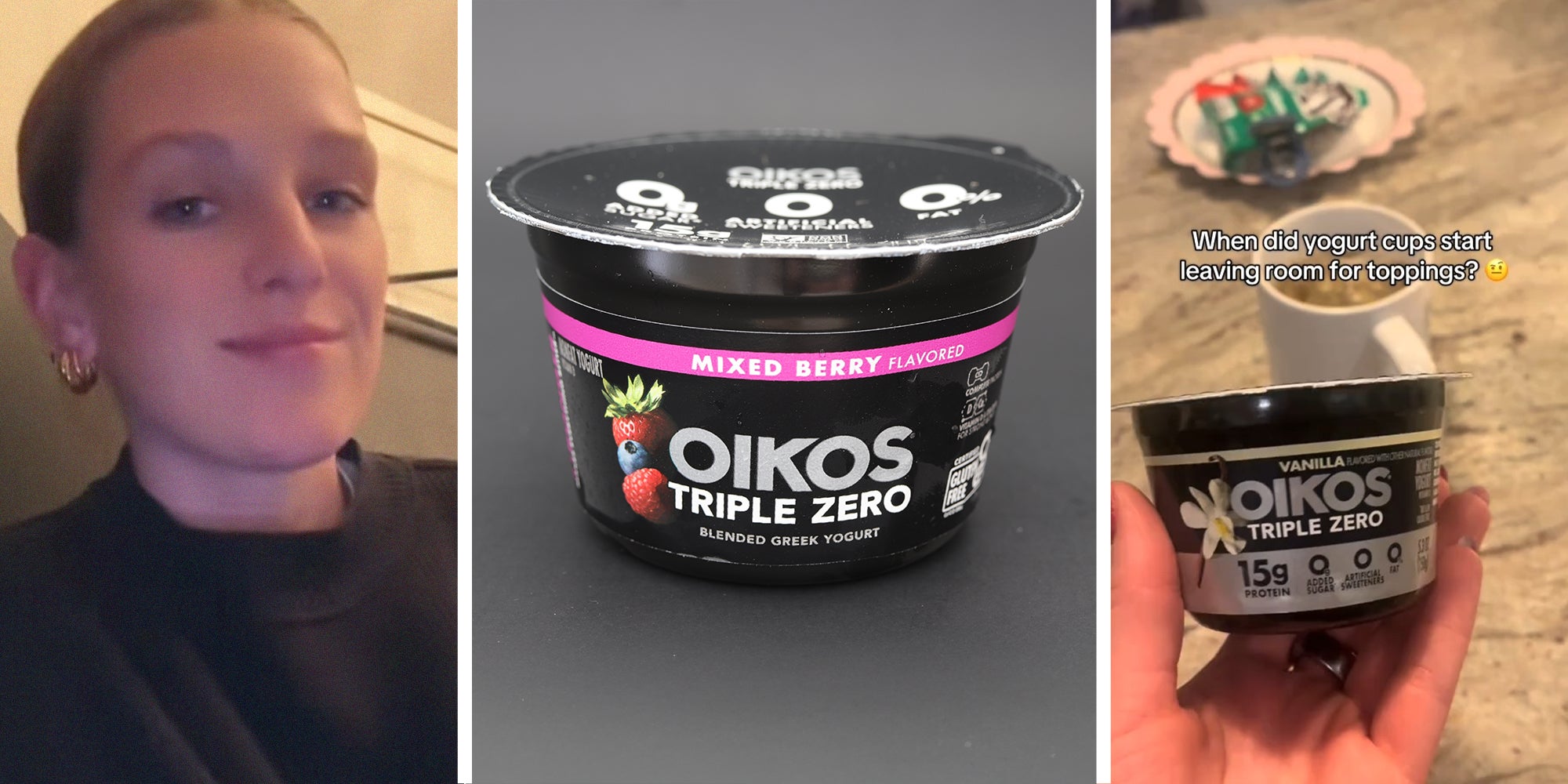 Woman smiling(l) Oikos Triple zero yogurst(c) hand holding Okios Triple Zero