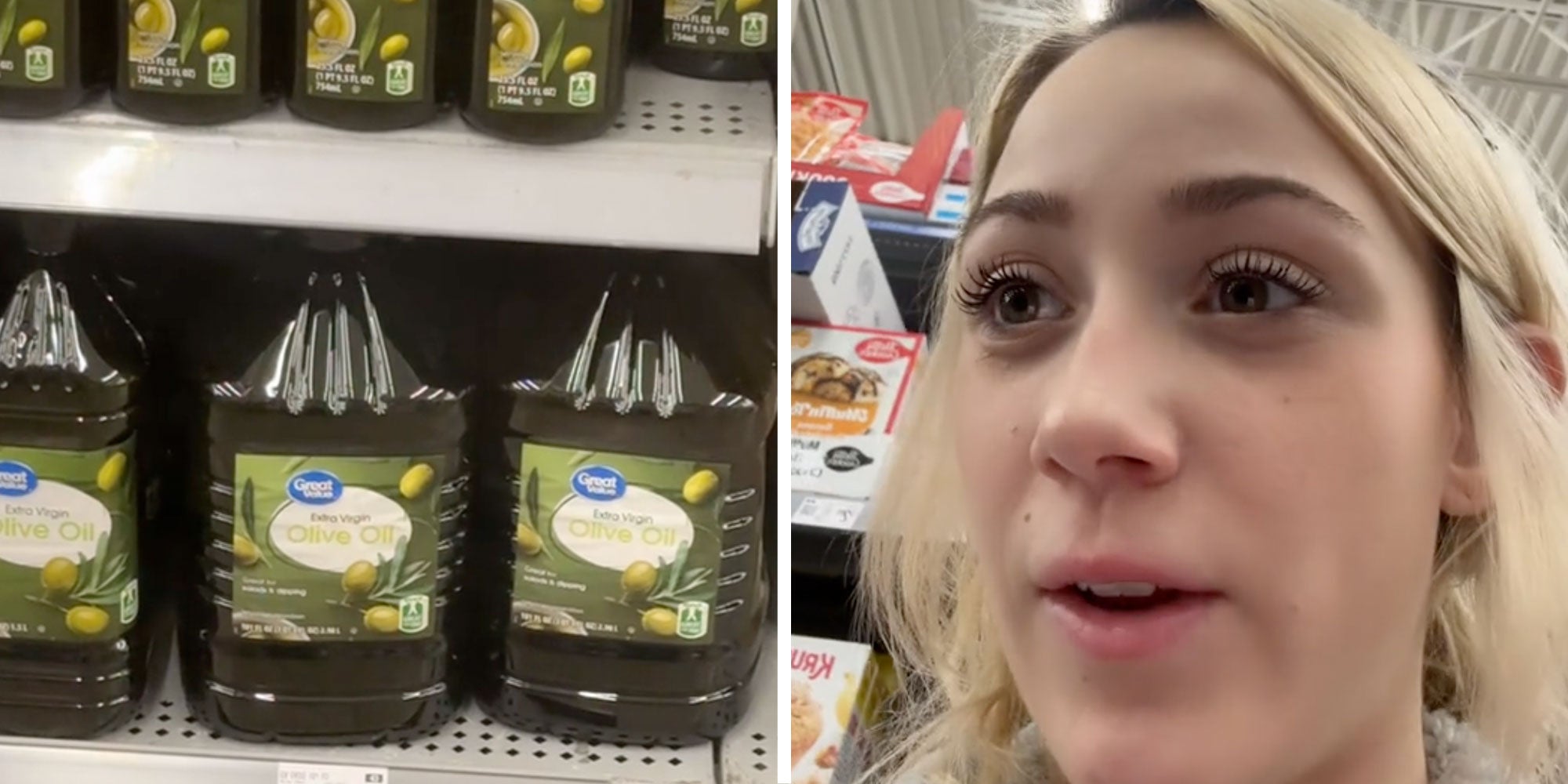 Screenshots from @imthejay's Tiktok; a shelf oF Great Value Olive Oil; a close-up of @imthejay.